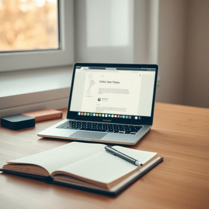 Birou editorial minimalist cu laptop, caiet și lumină naturală