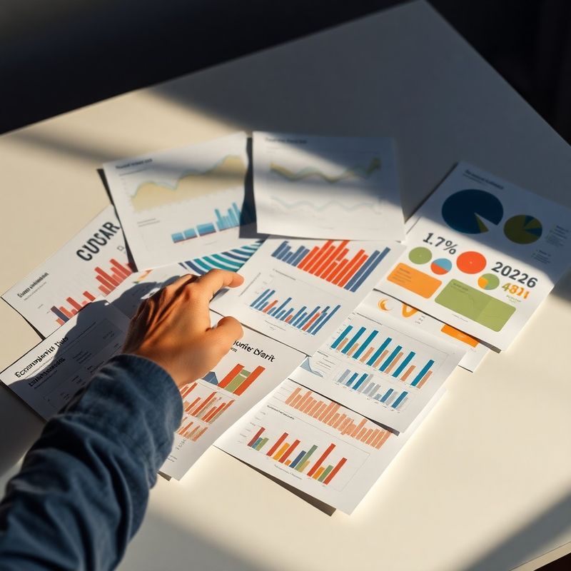 Rapoarte economice tipărite și vizualizări de date pe un birou alb